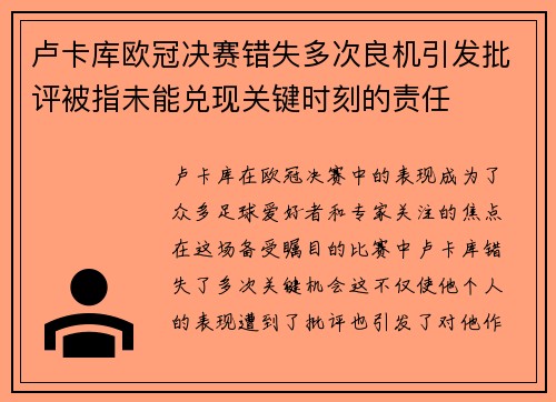 卢卡库欧冠决赛错失多次良机引发批评被指未能兑现关键时刻的责任