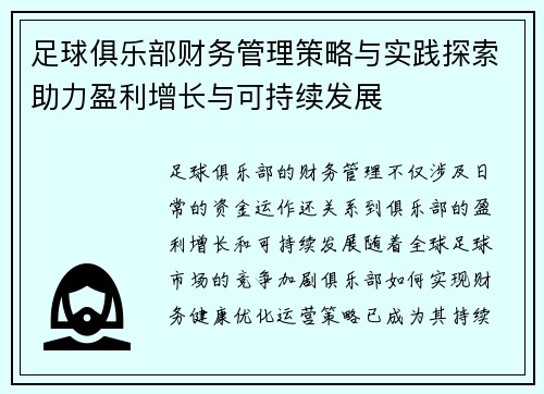 足球俱乐部财务管理策略与实践探索助力盈利增长与可持续发展